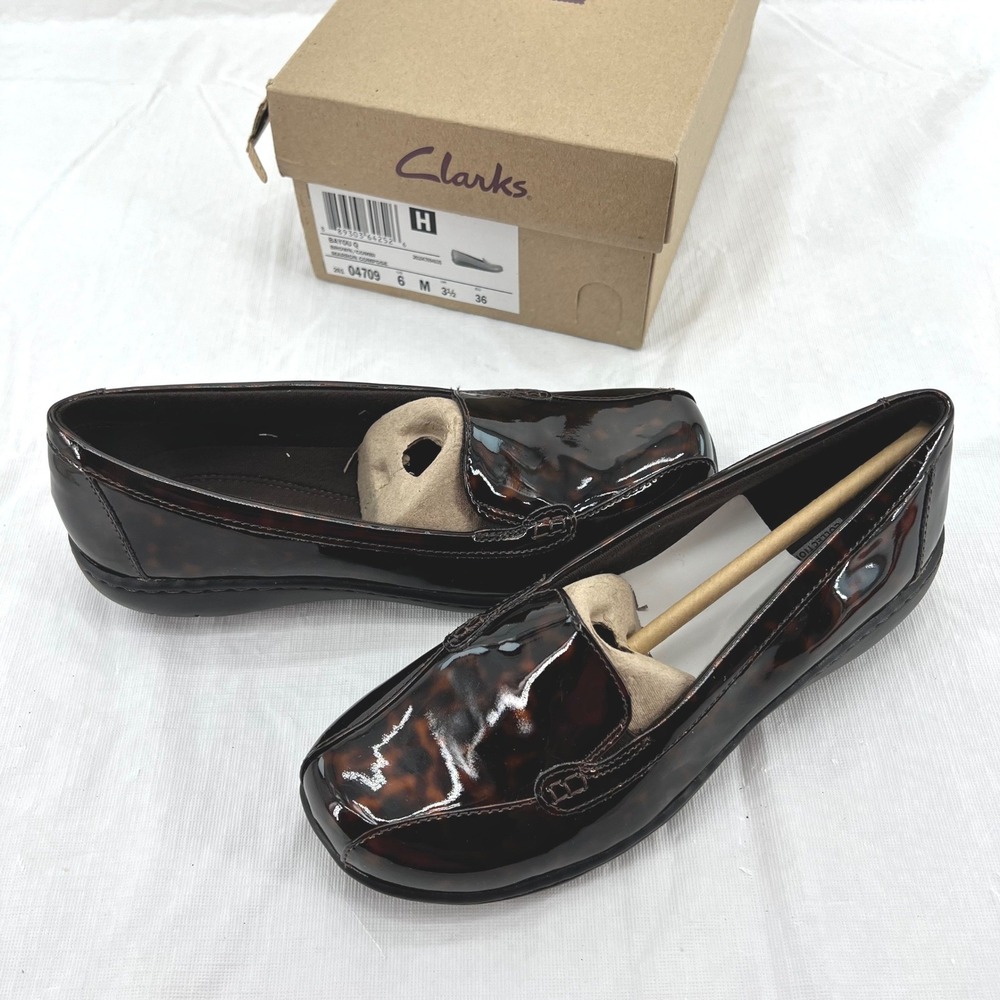 Clarks Bayou Q Brown Tortoise Patent Wedge Loafers Womens 6 M 261047094035